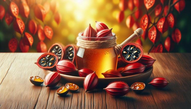 Urucum com mel - Combinação usada em receitas e como suplemento, devido às propriedades antioxidantes. - Clube do Mel Loja online