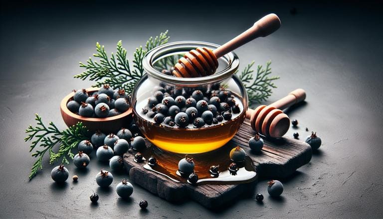 Zimbro com mel - Ingrediente usado em bebidas e xaropes medicinais, conhecido por suas propriedades anti-inflamatórias. - Clube do Mel Loja online