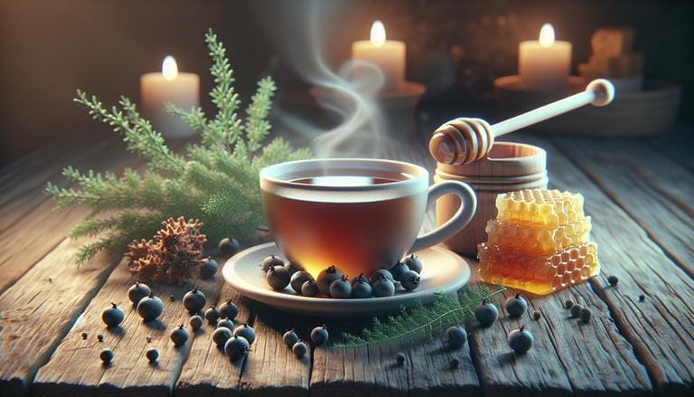 Zimbro com mel em chás - Bebida popular para melhorar a digestão e aliviar dores de garganta. - Clube do Mel Loja online